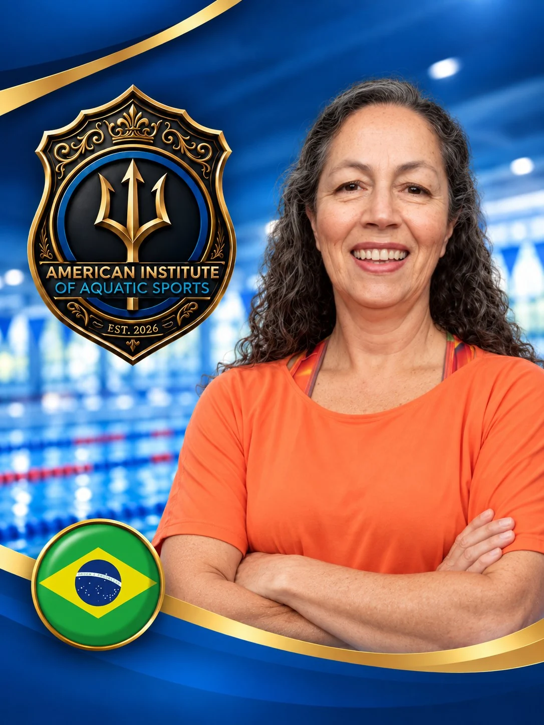 Presentation card for Dr Sônia Maria Bordin: arms folded in an orange training shirt in front of an indoor competition pool, with the institute crest and the flag of Brazil